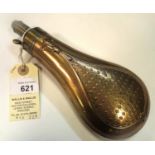 A copper powder flask ‘Panel’ (Riling 540), common brass top, graduated nozzle 2¼ to 2¾ drams, 7¾”