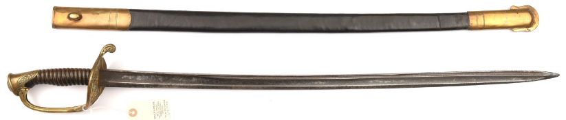 A mid 19th cent French infantry officer’s sword, slightly curved, fullered blade 30”, with narrow