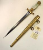 A continental naval dirk, plated shallow diamond section blade 8½”, copper gilt hilt with stud