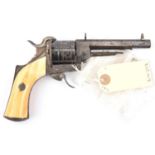 An unusual continental 5 shot 7mm open frame DA pinfire revolver, 7½” overall, octagonal barrel 4”