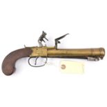 A brass barrelled and brass framed flintlock boxlock blunderbuss pistol with spring bayonet, by