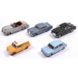 5 Dinky Toys. Bentley S2 Convertible (194), in grey with red interior. Mercedes-Benz 220SE (186), in