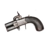 A 50 bore DB O&U turnover percussion boxlock pocket pistol, 5½” overall, turn off barrels 1¼”, the