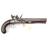 A composite DB 40 bore flintlock coaching pistol, 13½” overall, thick heavy damascus barrels 8½”