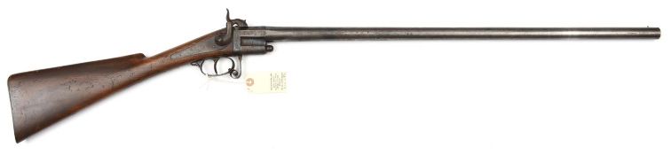 An unusual SB 14 bore pinfire shotgun, 43½” overall, barrel 27½” which swings sideways for loading