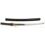 A Japanese sword shinto wakizashi, blade 21”, signed Kigio Kimi Kaneshige, iron tsuba, en suite gold