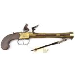 A brass barrelled and brass framed flintlock boxlock blunderbuss pistol with spring bayonet, by