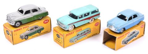 3 Dinky Toys. Ford Zephyr Saloon (162). In two tone blue with grey wheels. Together with a
