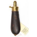 A slender bag shaped powder flask, dark brown leather covered body (worn at the seam), patent