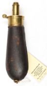 A slender bag shaped powder flask, dark brown leather covered body (worn at the seam), patent