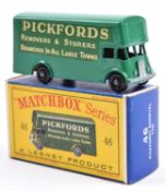 Matchbox Series No.46 Pickfords Removal Van. Example in bright green with black plastic wheels and