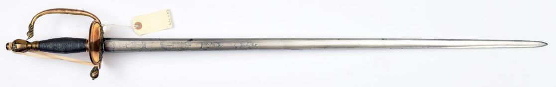 A 1796 pattern infantry officer’s sword, straight SE fullered blade, 32”, marked ‘J.J. Runkel