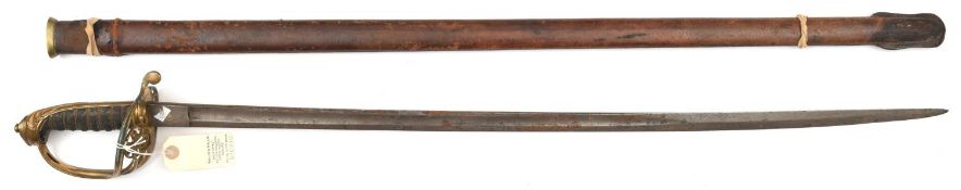 A Vic 1845 pattern infantry officers sword, curved fullered blade 32”, with traces of etching, brass