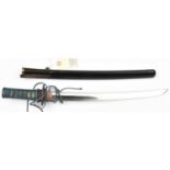 A Japanese sword wakizashi, polished blade 14½”, pierced iron tsuba inset with 3 open fans, singular