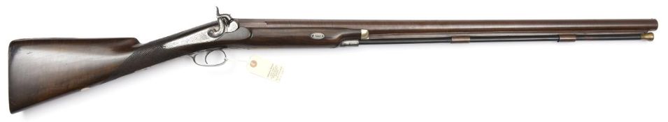 An SB 8 bore percussion wildfowling gun, 49½” overall, rebrowned flat topped twist barrel 33½”, re-