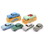 6 Dinky Toys. Austin Devon. Ford Zephyr in two-tone blue. Vauxhall Cresta in grey & green. Morris