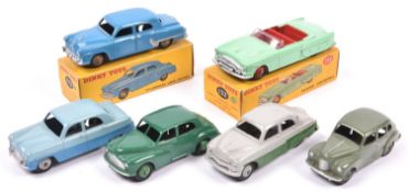 6 Dinky Toys. Austin Devon. Ford Zephyr in two-tone blue. Vauxhall Cresta in grey & green. Morris