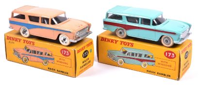 2 Dinky Toys Nash Rambler (173). Example in turquoise with red flash, grey wheels and white rubber