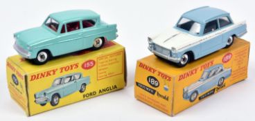 2 Dinky Toys. Ford Anglia (155) in turquoise with red interior. Plus a Triumph Herald (189) in light