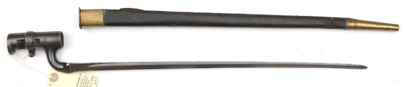 A P1853 socket bayonet, (blade shortened) in scabbard, WD stamps to blade and scabbard. GC (some