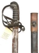 An 1845 pattern infantry officer’s sword, curved fullered blade 32”, marked ‘Hebbert & Co’ (unclear)