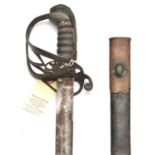 An 1845 pattern infantry officer’s sword, curved fullered blade 32”, marked ‘Hebbert & Co’ (unclear)