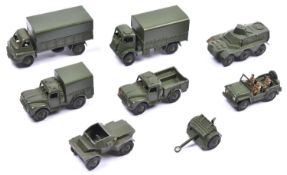 12 Dinky military items. 3x 1 Ton Cargo Trucks, 3-Ton Bedford Army Wagon, Army Wagon, Austin