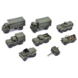 12 Dinky military items. 3x 1 Ton Cargo Trucks, 3-Ton Bedford Army Wagon, Army Wagon, Austin