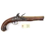 A late 18th century 22 bore brass barrelled flintlock holster pistol, 13½” overall, barrel 8”