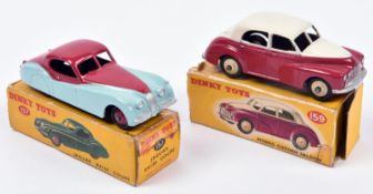 2 Dinky Toys. Morris Oxford Saloon (159). An example in cerise and cream with beige wheels. Together