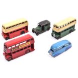 5 Dinky Toys public transport vehicles. 3x double deck buses. 2 AEC with cutaway mudguards, red/