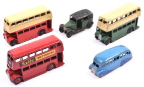 5 Dinky Toys public transport vehicles. 3x double deck buses. 2 AEC with cutaway mudguards, red/