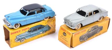 2 French Dinky Cars. A Peugeot 403 (24B) in grey with ridged plated wheels and white tyres. Plus a