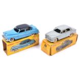 2 French Dinky Cars. A Peugeot 403 (24B) in grey with ridged plated wheels and white tyres. Plus a