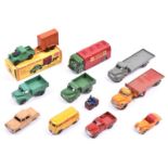 11 Dublo Dinky Toys. AEC Mercury Shell/BP Petrol Tanker. Bedford flatbed lorry. 2x Austin lorries,