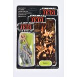 A Palitoy Star Wars Tri-logo Return of the Jedi Ewok Teebo vintage 3.75" figure. On a sealed 1983