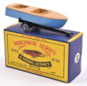 Matchbox Series No.48 Meteor Sports Boat & Trailer. Boat in light brown with mid blue hull, black