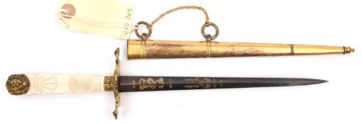 A late 18th century naval dirk, shallow tapering diamond section blade, 7¾”, etched blued and gilt