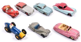 7 Dinky Toys. Jaguar XK120, in cerise and sky blue with cerise wheels. Porsche 356a in light blue