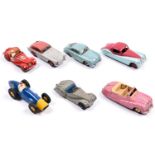 7 Dinky Toys. Jaguar XK120, in cerise and sky blue with cerise wheels. Porsche 356a in light blue