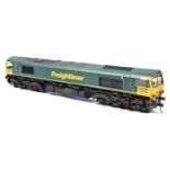 An O Gauge, 32mm, Class 66 Co-Co diesel locomotive constructed from an RJH kit for 2-rail