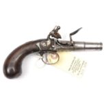 An early 18th century 30 bore cannon barrelled flintlock boxlock pistol, 7” overall, turn off barrel