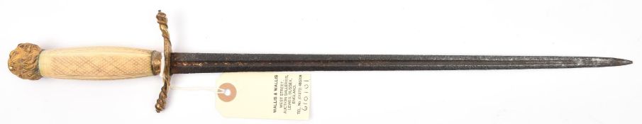 A Geo naval dirk, slender DE blade 14”, with deep central fuller, slightly swollen ivory grip,