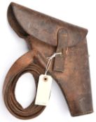 A scarce WWII flap top leather holster for a flare pistol, with leather belt loop stamped ‘E