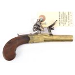 A small 120 bore brass barrelled and brass framed flintlock boxlock pocket pistol by Knubley,