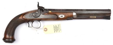 An unusual 14 bore percussion target pistol, 17” overall, sighted rifled octagonal Spanish barrel