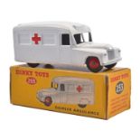 Dinky Toys Daimler Ambulance (253). An example in satin white with red crosses and red wheels. black