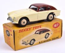 Dinky Toys A.C. Aceca Coupe (167). In cream and dark brown with cream wheels and black rubber tyres.