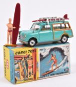 Corgi Toys Surfing with the B.M.C. Mini Countryman (485). In turquoise with yellow interior, both