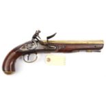 An 18 bore brass barrelled flintlock Mail Coach pistol, by H W Mortimer, London, 13½” overall,